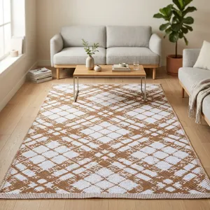 Alfombra Bohemia de Tejido Plano con Patrón Geométrico, Rectangular, Hecha a Mano, Acolchada, Lavable, Antideslizante, con Base de Látex, de Algodón de Pelo Medio - Product Image 1
