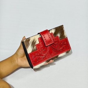 Handmade Genuine Leather Embossed Wallet Women Bohemian Animal Print Clutch Red Hasp Closure Short Style - Product Image 2