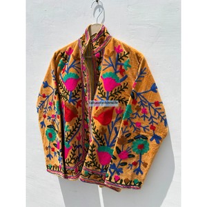 Veste matelassée en velours de coton tricoté brodé pour femme, col mandarin, manches longues, motif floral d'automne - Product Image 3