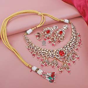 Antique Gold Plated Pearl Polki Designer <b>Bridal</b> <b>Necklace</b> <b>Set</b> with <b>Earrings</b> - Product Image 1