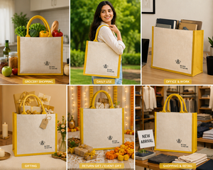 Reusable Jute Handled Shopping <b>Bag</b> with Letter Pattern Yellow Trim <b>Medium</b> <b>Size</b> for Supermarket Use - Product Image 4