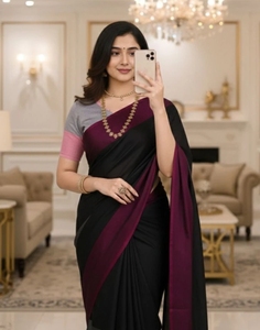 Sari en coton et soie Banarasi rayé uni KV International - Réversible, séchage rapide, sans plis, idéal pour les mariages d'automne - Product Image 1