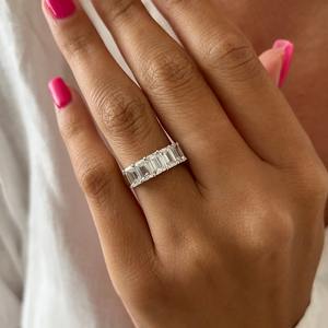 2.5CT <b>Emerald</b> Cut Lab Grown Diamond <b>Ring</b> , Five Stone <b>Emerald</b> Cut <b>Ring</b> , U Shape Setting Wedding <b>Band</b> , Rose Gold Stackable <b>Ring</b> - Product Image 3