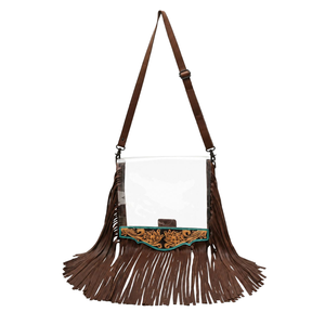 Sac à bandoulière en cuir véritable fait main style western avec une seule sangle réglable et franges transparentes - Product Image 1