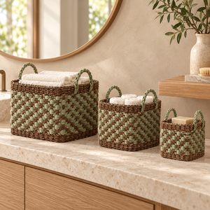 Customize Eco-Friendly Handwoven Modern Scandi Seagrass Square Storage <b>Basket</b> Set 3 Cream Woven Pattern Braided Detachable - Product Image 5