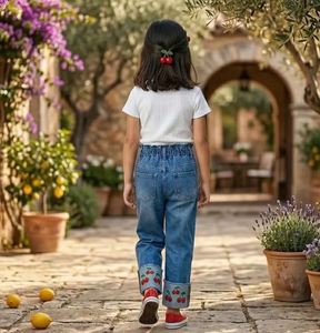 High <b>Waist</b> Cropped Capri <b>Jeans</b> Casual and Streetwear Cherry Print Turn-Up From India Supplier At Best Price Cropped Capri - Product Image 5