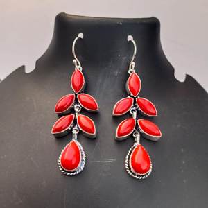 Boucles d'oreilles en corail rouge, bijoux faits à la main en argent sterling 925, cadeau pour femmes, anniversaire, cristal unique - Product Image 3