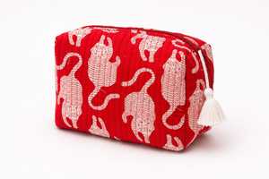 Red <b>Quilted</b> Tassel Cotton Eco-Friendly Waterproof Cosmetic <b>Bag</b> Medium Size Zipper Closure Portable Travel Pouch - Product Image 1