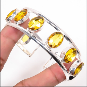 Handmade Yellow Opal Gemstone <b>Cuff</b> <b>Bracelet</b> <b>Silver</b> Plated Stainless Steel Vintage Elegant Natural Stone Unisex Stylish Fashion - Product Image 1