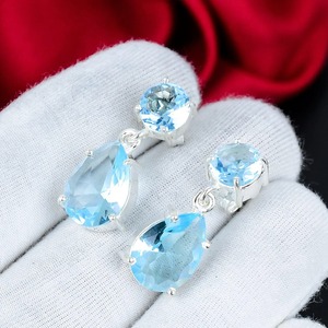 Swiss Blue Topaz Pear Cut Drop <b>Earrings</b> 925 Sterling <b>Silver</b> Handmade Gemstone Dangle <b>Earrings</b> <b>Wedding</b> Anniversary Birthday Gift - Product Image 1