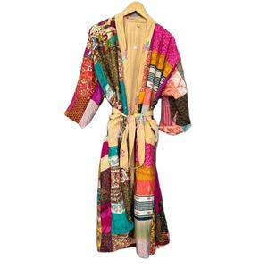 Handmade Indian Vintage Silk <b>Saree</b> Gown Floral Kimono Style Multi-Color Thermal Sleepwear Bathrobe for Summer Daily Life - Product Image 1