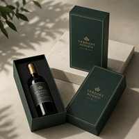 Boîte d'emballage cadeau de luxe haut de gamme pour vin, avec logo personnalisé en relief, dorure à chaud, pelliculage mat, doublure en éponge, couvercle rigide et base.
