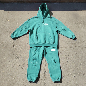 Custom Printed Two-Piece Solid Distressed <b>Pullover</b> Hoodie Straight Leg Flared Fleece-Lined Sweatpants Winter Streetwear - Product Image 3