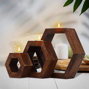 Hexagon Shaped Wooden <b>Tea</b> Light Holder for Home Decor Festive Decoration - Product Image 6