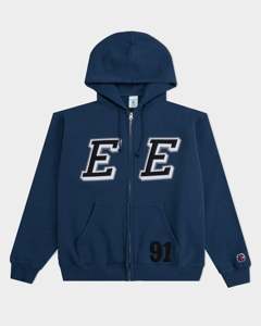 เสื้อฮู้ดซิปผู้ชายสีน้ำเงินกรมท่า ปักลายตัวอักษร E ทรงปกติ สไตล์พรีปปี้ ผ้าฝ้าย 100% เฟรนช์เทอร์รี่ - Product Image 1