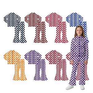 Customize Kids Girls <b>Checkered</b> School Team Game Day Sets Long Sleeve Zipper <b>Top</b> Flared Pants Sports 2pcs Outfits - Product Image 1