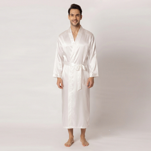 Bata de satén de seda blanca para hombre, manga larga, informal, con cuello en V, suave, con cinturón de seda, para dormir - Product Image 5