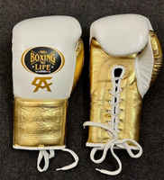 Ensemble de sparring de boxe sur mesure blanc et or « No Boxing No Life » en cuir de vachette véritable pour entraînement professionnel