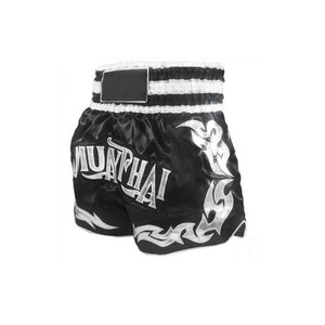Shorts de Muay Thai Classiques Noir et Blanc avec Broderie Lettres, Fente Haute, Respirants, pour Entraînement de Kickboxing - Product Image 3