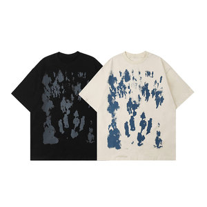 Camiseta Extra Grande para Hombre, Color Crema, Manga Corta, Cuello Redondo, Estilo Casual, Corte Regular, Estampado Azul, Tejido de Punto - Product Image 3