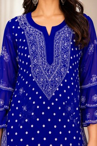 <b>Chikankari</b> Women Kurti Royal Blue Embroidered A Line <b>Kurta</b> with Bell Sleeves for Festive & Casual Wear - Product Image 3