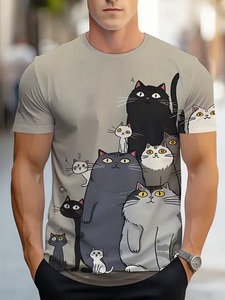 เสื้อยืดผู้ชายลายการ์ตูนแมว แขนสั้น คอกลม ทรงปกติ ผ้าฝ้ายเจอร์ซีย์ 100% ระบายอากาศได้ดี พิมพ์ลายดิจิทัล - Product Image 5