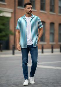 Camisa Formal de Algodón para Hombre con Estampado Batik a Rayas Hecho a Mano |   Fabricante de Camisetas de Verano Transpirables 100% Algodón - Product Image 4