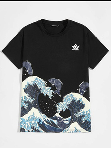 เสื้อยืดผู้ชายสีดำลายปลา แขนสั้น คอกลม ผ้าคอตตอนเจอร์ซีย์ ทรงปกติ ระบายอากาศได้ดี พิมพ์ลายดิจิทัล สไตล์ลำลอง - Product Image 2