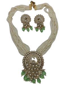 Traditional Brass Pearl Kundan Peacock <b>Necklace</b> <b>Set</b> with Earrings <b>Bridal</b> Wedding & Party Jewelry - Product Image 3