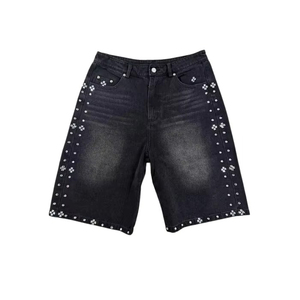 Shorts en jean larges pour homme personnalisés, ornés de lettres en strass, coupe ample, style vintage streetwear, pour l'été - Product Image 5