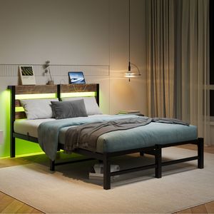 Struttura letto matrimoniale in metallo con testiera in legno, luci RGB e ripiano portaoggetti con caricatore - Stile rustico - Non richiede rete a molle - Product Image 3