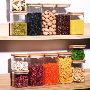 27oz bening persegi kedap udara kaca penyimpanan makanan stoples kaca dengan tutup bambu untuk meja dapur, permen, kue, beras, Sereal - Product Image 1