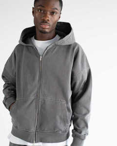 Sweat-shirt zippé gris foncé délavé vintage pour homme, couleur unie, épais, avec poche kangourou fendue, style décontracté streetwear - Product Image 3