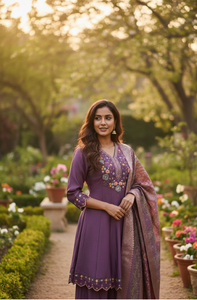 Hermoso Conjunto de Kurti Morado para Mujer, Manga 3/4, Algodón y Seda, Completamente Cosido, para Ocasiones Formales y Festivas - Product Image 3