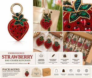 Rizir Fashion Porte-clés en verre plastique brodé fraise, breloque de sac faite main, accessoires mignons en peluche pour femmes et fêtes - Product Image 5