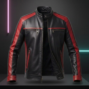Blouson moto homme en cuir PU noir et rouge, col montant, fermeture éclair, coupe ajustée, style automne - Product Image 1