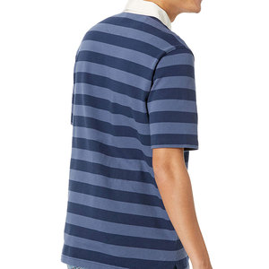 เสื้อโปโลผู้ชายลายทางแขนสั้นผ้าฝ้ายผสมลำลองสไตล์รักบี้ปักโลโก้ตามสั่งระบายอากาศได้ดีสวมใส่ได้ในฤดูใบไม้ผลิและฤดูร้อน - Product Image 3