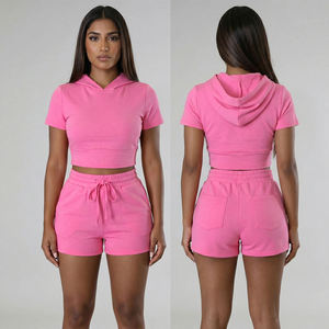 Womens Solid Multi-Color <b>Short</b> Sleeve Hooded Crop <b>Top</b> <b>and</b> Drawstring <b>Shorts</b> Twin <b>Set</b> OEM ODM Wholesale Apparel - Product Image 6