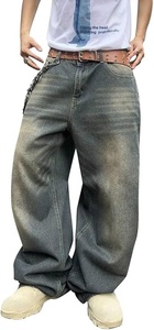 Vaqueros de mezclilla para hombre, lavados a la piedra, de pierna ancha, corte holgado, talla grande, cintura media, estilo casual urbano, 100% algodón, con bolsillo de parche - Product Image 4