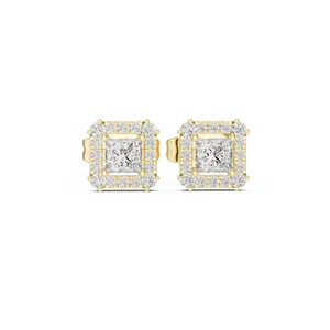 Princess Cut Synthetic <b>Diamond</b> <b>Square</b> Halo Stud <b>Earrings</b> 18K Solid Gold Fine Jewelry Women Round Pave Side Accent - Product Image 1