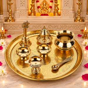 Ensemble de 8 plateaux de prière (Thali) en laiton pur, faits à la main, de 10 pouces, avec accessoires traditionnels pour les festivals et le temple à domicile - Product Image 6