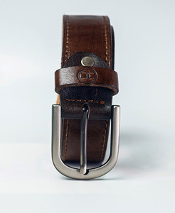 Genuine Leather Men's <b>Belt</b> Solid Brown Pin <b>Buckle</b> <b>Silver</b> Rectangular Casual Durable Cow Hide Double Stitching 35mm - Product Image 1
