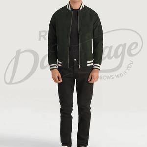 Chaqueta Varsity de Gamuza Verde Bosque Personalizada para Hombre, Chaqueta Bomber con Ribete Acanalado a Rayas, Chaqueta Deportiva de Cuero de Gamuza Premium de Corte Ajustado - Product Image 4