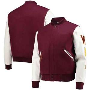 Men's Maroon <b>White</b> Varsity <b>Jacket</b> Stand Embroidered Logo Casual Autumn Wear - Product Image 4