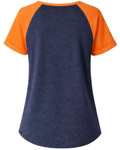T-shirt pour femme bleu marine et orange à manches courtes, col Henley, coupe raglan, en coton doux, décontracté, respirant et confortable pour l'été et le quotidien - Product Image 2