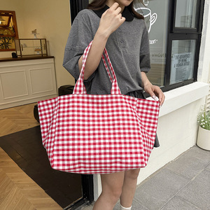 Wholesale <b>Large</b> Capacity Simple Plaid <b>Canvas</b> Shoulder <b>Bag</b> Pink <b>Large</b> <b>Canvas</b> Summer Beach Shopping Checked Cloth Tote <b>Bag</b> - Product Image 3