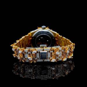 Reloj de Cuarzo con Moissanita, Lujoso, con Correa de Acero Inoxidable Dorado de 20 mm, Cristal de Zafiro, Analógico, para Hombre, Estilo Hip Hop - Product Image 4