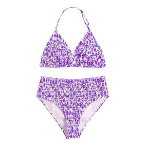 Conjunto de bikini halter estampado naranja y blanco para mujer, traje de baño de dos piezas de cintura alta, ropa de playa elástica fruncida, top triangular, bañador - Product Image 2