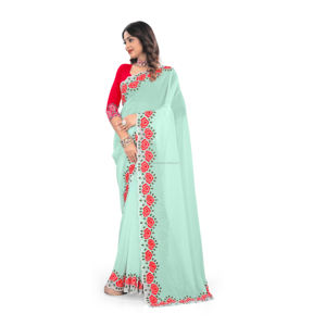 SAREES Soft Georgette Fabric Multi hilo Bordado trabajo arco corte borde con todo sirvoksi diamante adjunto - Product Image 1