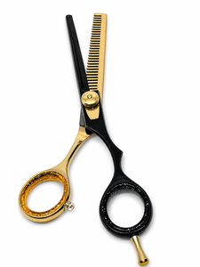 Ciseaux à effiler les cheveux en acier inoxydable, pour droitiers, légers, professionnels, noirs et dorés - Product Image 1
